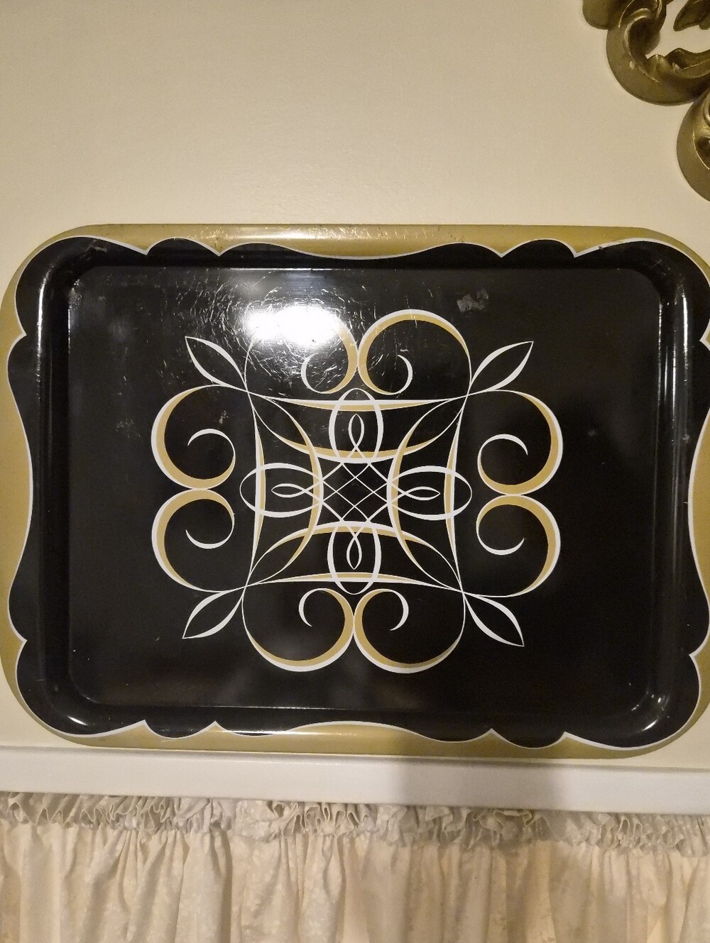 Vintage Decorative Metal Serving Toleware Tray in Black and Gold